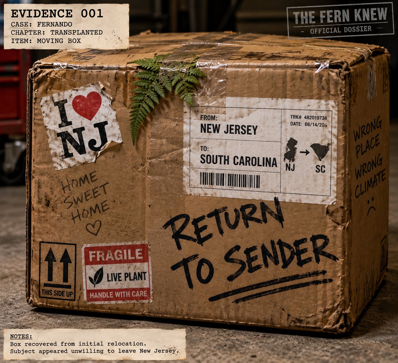 Evidence 001: battered moving box from New Jersey to South Carolina marked Return to Sender.