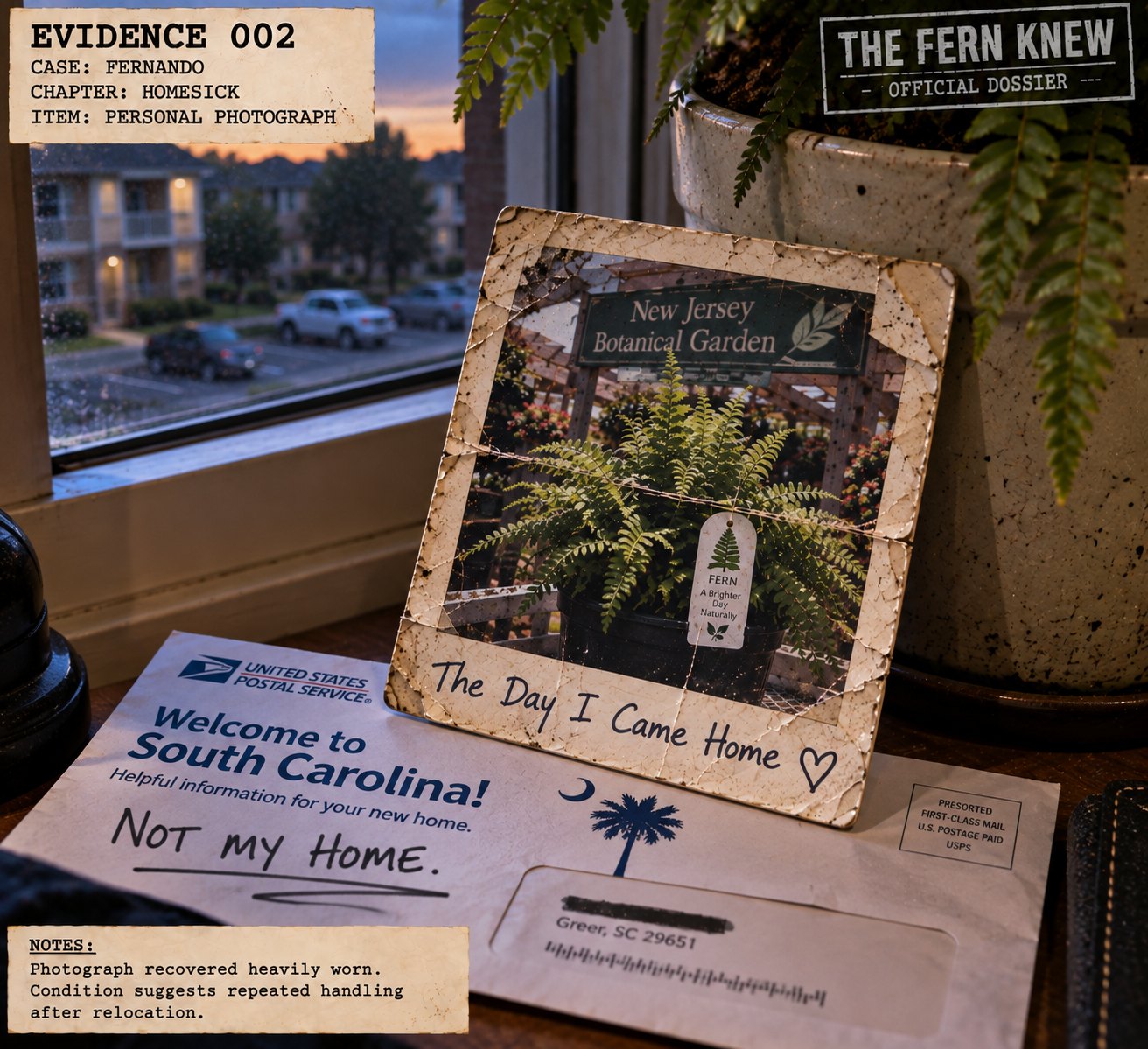 Evidence 002: worn photograph of a fern at New Jersey Botanical Garden beside South Carolina relocation mail.