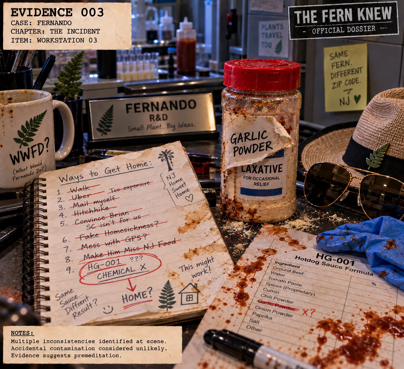 Evidence 003: Fernando's lab workstation with HG-001 notes and suspicious mislabeled ingredient container.