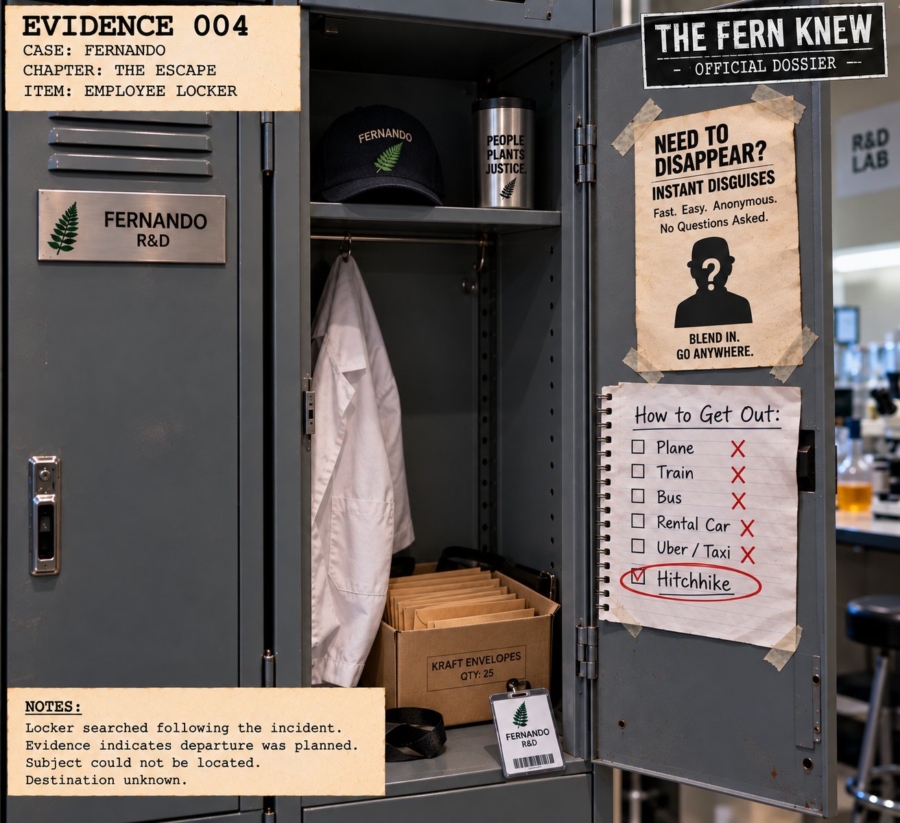 Evidence 004: Fernando's lab locker with disguise advertisement and hitchhike route sheet.