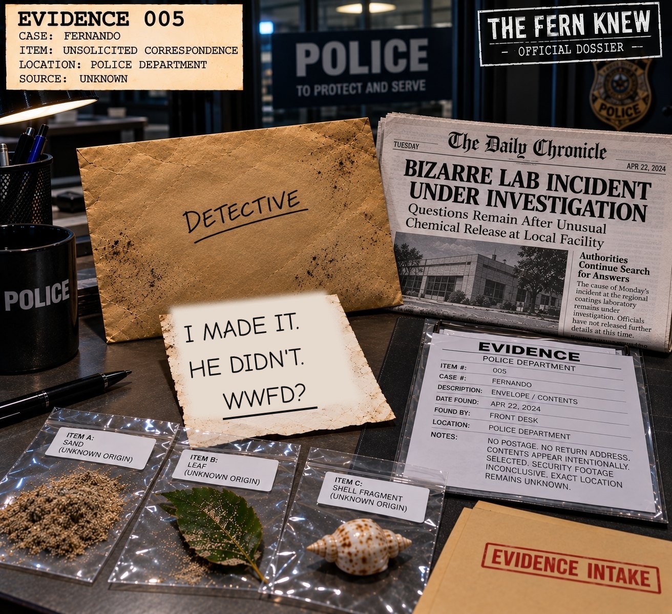 Evidence 005: anonymous kraft envelope addressed Detective at a police evidence desk with cryptic note and tropical clues.