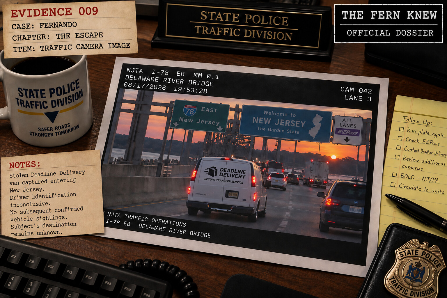 Evidence 009: State Police Traffic Division desk with traffic-camera image of the stolen Deadline Delivery van entering New Jersey on I-78.