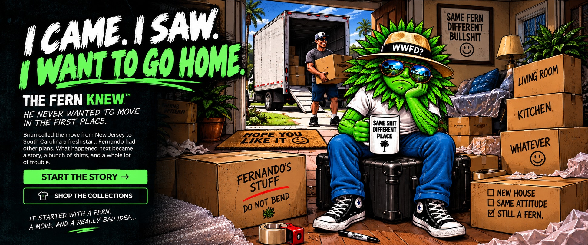 Fernando slumped on a black suitcase, holding his Same Shit Different Place mug, surrounded by moving boxes and a mover unloading the truck.